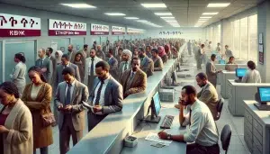 DALL·E 2024 11 20 16.41.40 A realistic depiction of a crowded Ethiopian bank branch with frustrated customers waiting in long lines. The atmosphere is tense with customers look